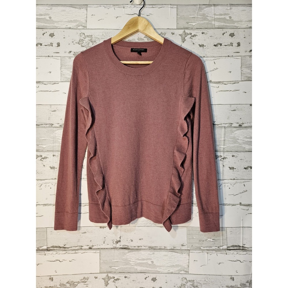Banana Republic Womens XS Ruffle Front Crew Neck Sweater Mauve Wool Blend Knit